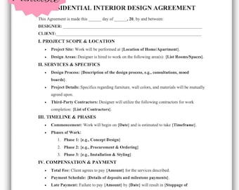 Plantilla de contrato de diseño de interiores / Contrato de renovación de vivienda (descarga digital)