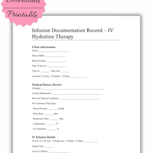 Formulario de registro de documentación de infusión intravenosa: Registro de tratamiento de Med Spa (PDF)