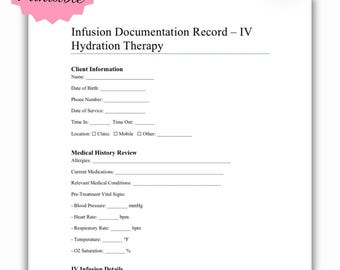 Formulario de registro de documentación de infusión intravenosa: Registro de tratamiento de Med Spa (PDF)