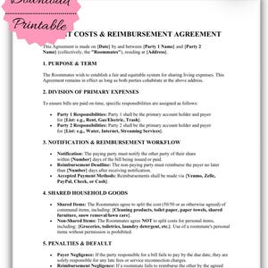 Op de afbeelding: Een afdrukbaar document voor een kamerovereenkomst met de titel "IT COSTS & REIMBURSEMENT AGREEMENT". Het document beschrijft gedeelde woonkosten, verantwoordelijkheden en betaalmethoden. Bevat secties over gedeelde huishoudelijke goederen en boetes.