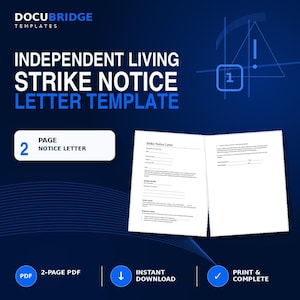 May include: A digital template for an Independent Living Strike Notice letter, featuring a two-page document layout on a dark blue background. The text includes headers like Strike Notice Letter, Page 2 Notice Letter, and Docubridge Templates.