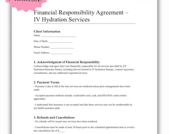 Formulario de responsabilidad financiera para servicios de hidratación intravenosa / Acuerdo de pago de Med Spa & Wellness Clinic (PDF)