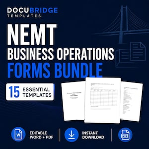 以下が含まれることがあります： DOCUBRIDGE TEMPLATES NEMT BUSINESS OPERATIONS FORMS BUNDLEというタイトルのデジタル製品バンドルで、15種類の必須テンプレートが含まれています。画像には、テキストと表が記載された3枚の白いドキュメントページと、WordおよびPDF形式のアイコンが表示されています。
