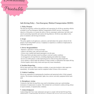 NEMT Safe Driving Policy Template | Printable PDF for Driver Safety Compliance & Transportation Standards