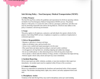 NEMT Safe Driving Policy Template | Printable PDF for Driver Safety Compliance & Transportation Standards