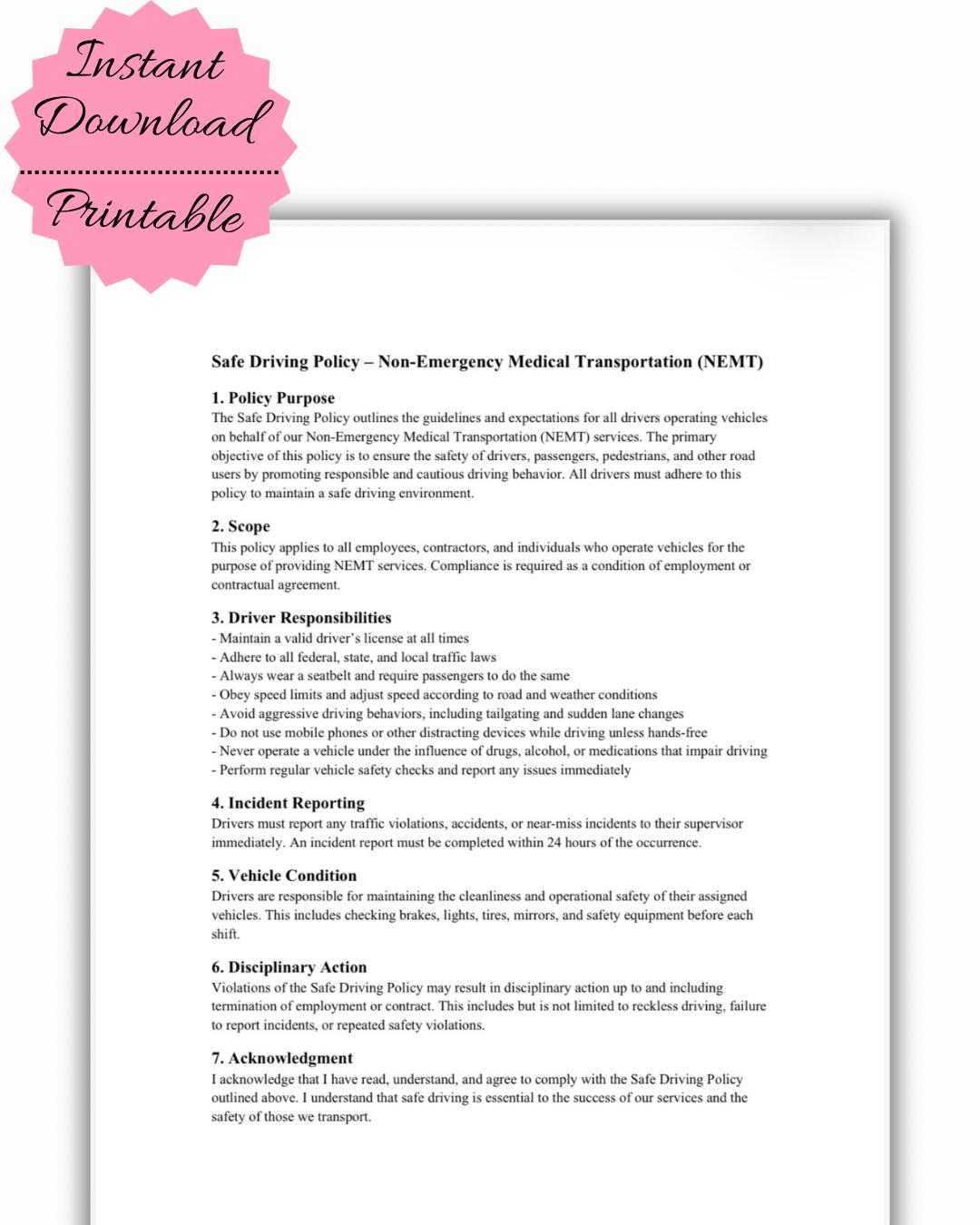 NEMT Safe Driving Policy Template | Printable PDF for Driver Safety ...