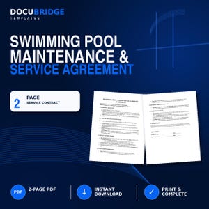 May include: A two-page swimming pool maintenance and service agreement template document. The text includes sections for property access, scope of regular maintenance, fees, payment terms, client responsibilities, seasonal services, liability, safety, and signatures.