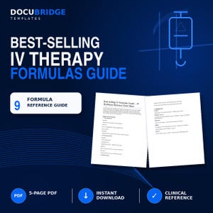 Può includere: Un documento digitale intitolato Best-Selling IV Therapy Formulas Guide che presenta una guida di riferimento a 9 formule. Lo sfondo blu mostra un'icona di sacca IV, testo che indica un PDF di 5 pagine, download istantaneo e riferimento.