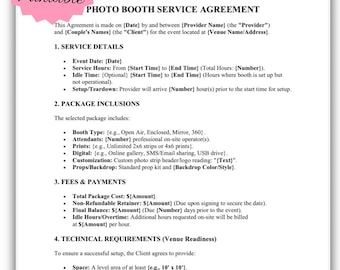Photo Booth Service Agreement Template | Event Vendor Contract (Fillable PDF Format)