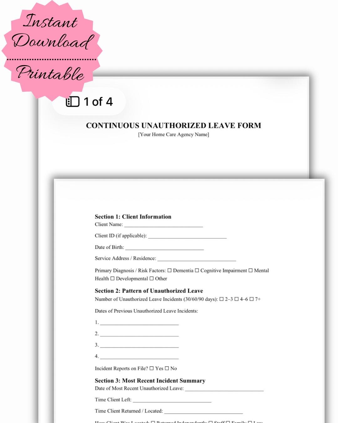 Continuous Unauthorized Leave Form Template | Elopement Risk Assessment ...