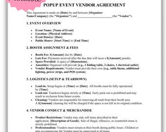 Plantilla de acuerdo para proveedor de eventos emergentes/contrato para organizador de mercado (descarga imprimible)