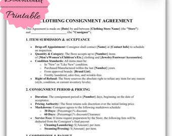 Clothing Consignment Agreement Template • Boutique Resale Contract (PDF)