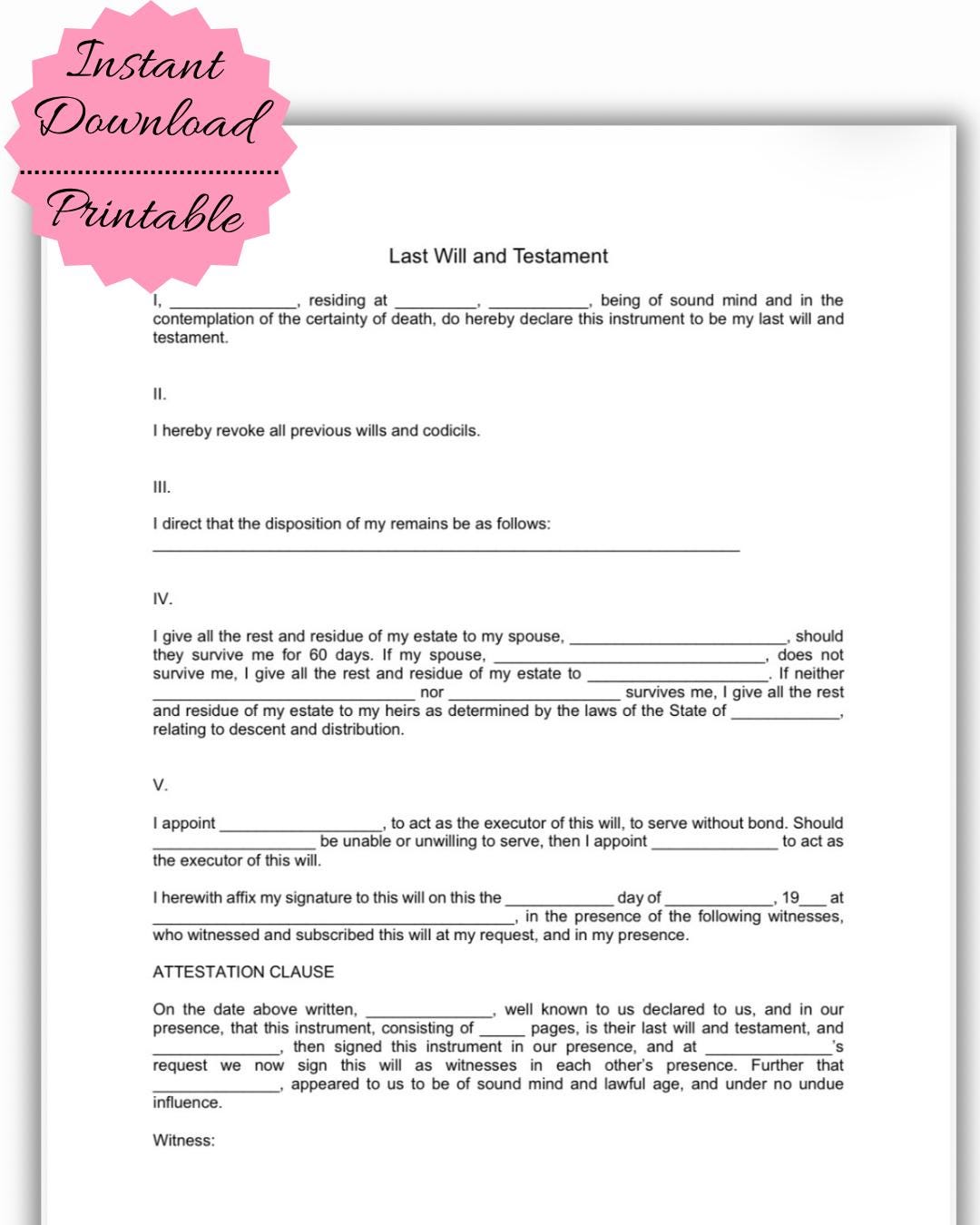 Simple Last Will and Testament Template | Basic Legal Will Form | PDF ...