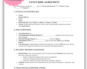 Venue Hire Agreement Template | Event Space Rental Contract (PDF Download)