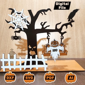 Ghost on a Swing Halloween Scene SVG – Laser Cut Tabletop Decor, Graveyard Tree Stand File