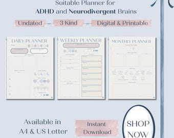 Pode incluir: Um planejador de pacote digital e imprimível com um esquema de cores azul claro e rosa. O planejador é adequado para TDAH e cérebros neurodivergentes e inclui layouts diários, semanais e mensais. O texto inclui "Bundle Planner", "Undated", "3 Kind", "Digital & Printable", e "Shop Now".