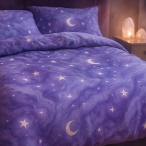 Purple Marble Comforter Set: Celestial Moon & Stars Linen Duvet