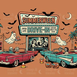 May include: Illustration of a retro drive-in movie scene with the text "Summerween Drive-In". The image features classic cars, ghosts, bats, and a movie screen showing a vintage horror film. Pumpkins with 3D glasses and popcorn are also visible.