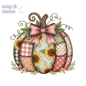 Peut inclure: Illustration d'une citrouille décorative avec un motif patchwork. La citrouille présente des sections à carreaux, florales et à pois. Un nœud rose et des tournesols ornent le dessus. Le texte "map & moon" est dans le coin supérieur gauche.