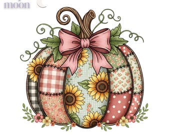 Patchwork pumpkin png, faux embroidery pumpkin, fall vibes, floral pumpkin png, boho Halloween, preppy pumpkin png