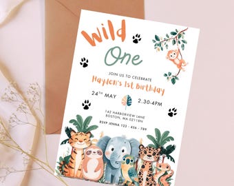 Wild one birthday invitation, safari 1st birthday, jungle invitation, one year old party invite,  a wild one birthday, 1st birthday party