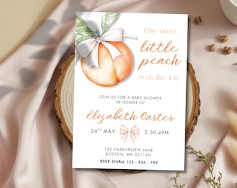Peach baby shower invitation, one sweet peach, baby shower invite gingham, peach invitation,spring summer baby shower, fruits baby shower