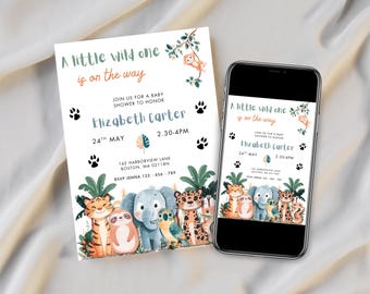 Wild one baby shower invitation, wild one on the way, safari baby shower, jungle invitation, boy baby shower invite, animal theme invite