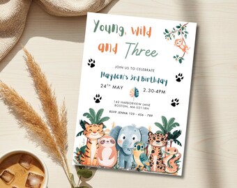 Wild and three birthday invitation, safari 3rd birthday, jungle invitation, three year old party invite, animal theme, 3rdd birthday party