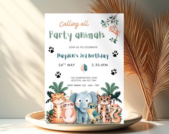 Calling all party animals birthday invitation, safari birthday, jungle invitation, children's party invite, animal theme birthday party