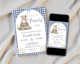 We can bearly wait shower, spring baby shower, Gingham baby shower, bear theme baby shower invitation, boy baby invite, baby bear
