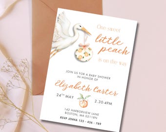 Peach baby shower invitation, one sweet peach, baby shower invite gingham, peach invitation,spring summer baby shower, fruits baby shower