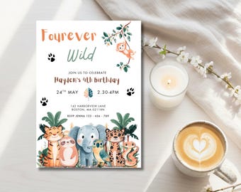 Fourever wild birthday invitation, safari 4th birthday, jungle invitation, four year old party invite, animal theme, 4th birthday party