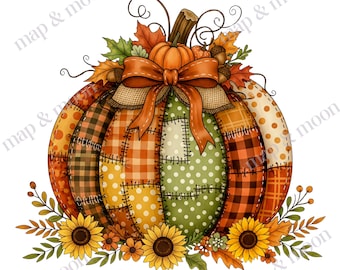 Abóbora de retalhos png, abóbora com bordado falso, vibrações de outono, abóbora xadrez png, abóbora floral png, abóbora elegante png, patchwork floral png