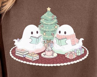 Ghost reading book png, spooky bookshelf, Halloween book png, Christmas ghost png, Halloween Christmas, ghost reading png, spooky Christmas