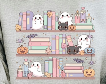 Spooky bookish, halloween bookshelf png, Halloween book png, spooky bookshelf png, ghost book png, librarian Halloween, fall kawaii clipart