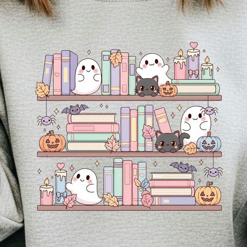 May include: A light gray sweatshirt featuring a whimsical illustration of three shelves filled with books, ghosts, black cats, pumpkins, candles, bats, and spiders. The books are in pastel colors, creating a cute Halloween theme.
