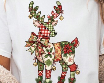 Christmas patchwork, reindeer png, patchwork png, preppy Christmas png, Christmas girly png, faux embroidery png, Christmas florals png