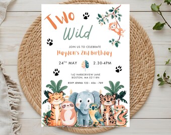 Two wild birthday invitation, safari 2nd birthday, jungle invitation, two year old party invite,  a wild one birthday, 2nd birthday party