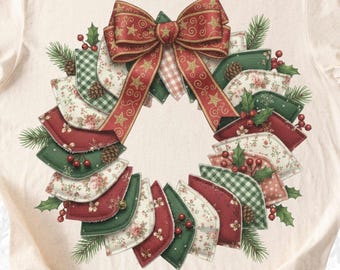 クリスマスリースpng、クリスマスパッチワーク、パッチワークpng、プレッピークリスマスpng、ガーリークリスマスpng、フェイク刺繍png、クリスマスフローラル