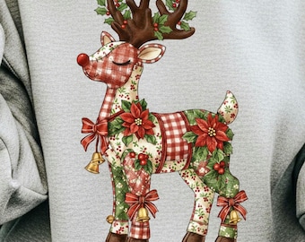 Kerstpatchwork, Rudolph png, rendier png, patchwork png, preppy kerst png, namaakborduurwerk png, kerstbloemen png
