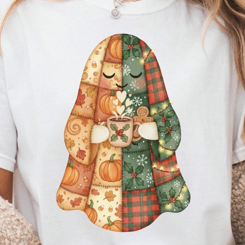 May include: White t-shirt featuring a whimsical ghost design. The ghost is made of patchwork with autumn and winter motifs, holding a mug with hearts and a gingerbread man. The design incorporates pumpkins, leaves, holly, and plaid patterns.