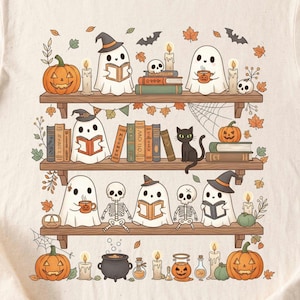 May include: A Halloween-themed illustration of a bookshelf. Ghosts in witch hats read books and drink from mugs. Pumpkins, candles, bats, and skeletons decorate the shelves. Autumn leaves and a black cat add to the spooky, cosy atmosphere.