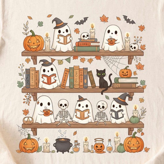 Spooky bookshelf, Halloween book png,ghost book, librarian Halloween, bookish halloween, spooky book shelf,ghost reading png, apothecary png