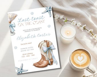 May include: A white invitation with the text "Last toast ON THE COAST" and "Elizabeth Carter" in blue script. The invitation features illustrations of a cowboy boot, seashells, and a cocktail glass. A cup of coffee and a lit candle are also visible.