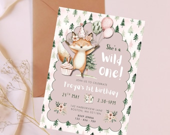 Invitación de cumpleaños salvaje, primer cumpleaños en el bosque, invitación al bosque, invitación a fiesta de un año, un cumpleaños salvaje, fiesta de primer cumpleaños