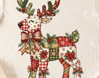 Christmas patchwork, reindeer png, patchwork png, preppy Christmas png, Christmas girly png, faux embroidery png, Christmas florals png