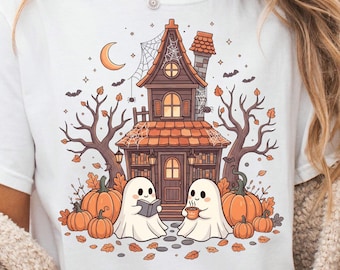 PNG de Halloween literario, librería fantasma, PNG de Halloween lindo, imágenes prediseñadas literarias, PNG de fantasma kawaii, PNG de otoño acogedor
