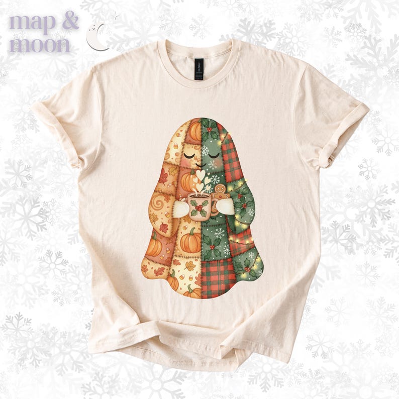 May include: Cream-colored t-shirt featuring a patchwork ghost design. The ghost holds a mug with a fall-themed design. The patchwork includes pumpkins, leaves, and plaid patterns in orange, green, and red. The text "map & moon" is at the top left.
