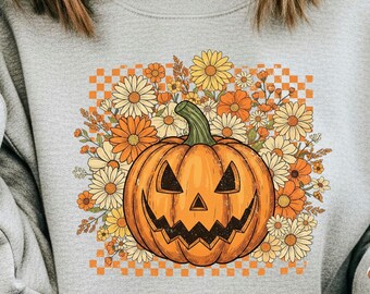 チェック柄のかぼちゃのPNG画像、秋のかぼちゃ、花柄の秋のPNG画像、レトロなハロウィンのPNG画像、ボヘミアン風の花柄のかぼちゃのPNG画像、レトロなかぼちゃ、秋の雰囲気のPNG画像