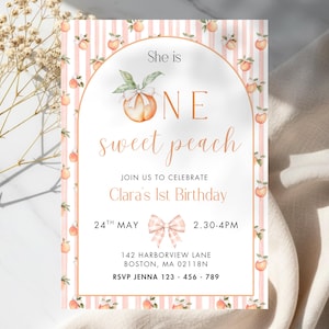 One sweet peach birthday invitation, peach first birthday, sweet peach 1st birthday, girl peach birthday theme, one year old party invite